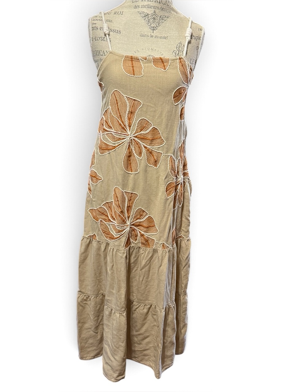 Anewsta Embroidered Jacquard Spaghetti Rope Strap Tiered Dress Beige Orange sz 6
